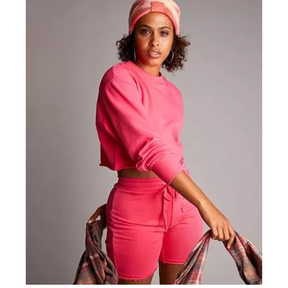 NIA Red Cropped French Terry Sweatshirt Ruffle Raw Hem Womens Small‎ SM x123